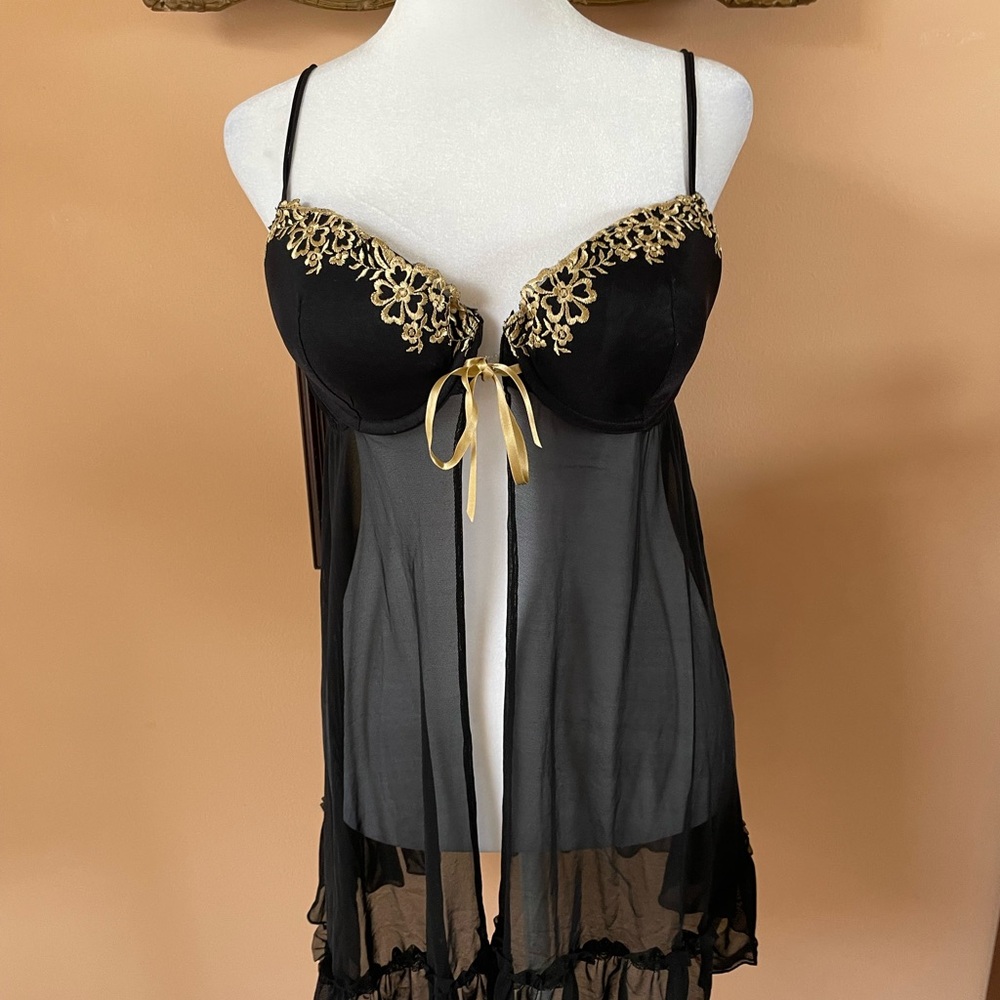 Sheer Black Chemise with Gold Floral Lace Trim Open Front Tie Ruffle Lingerie ML
